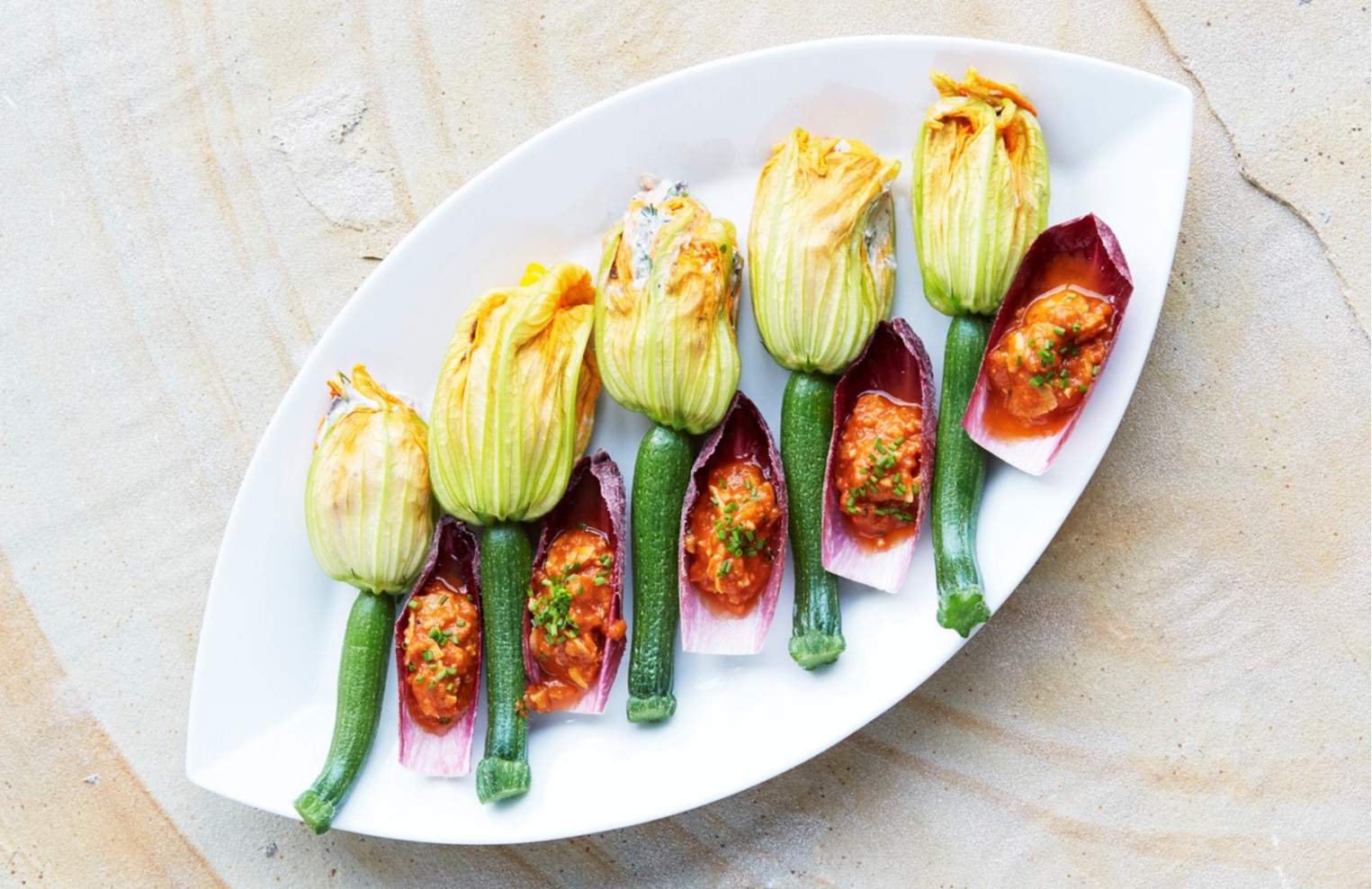 Stuffed Courgette Flowers and Romesco Sauce